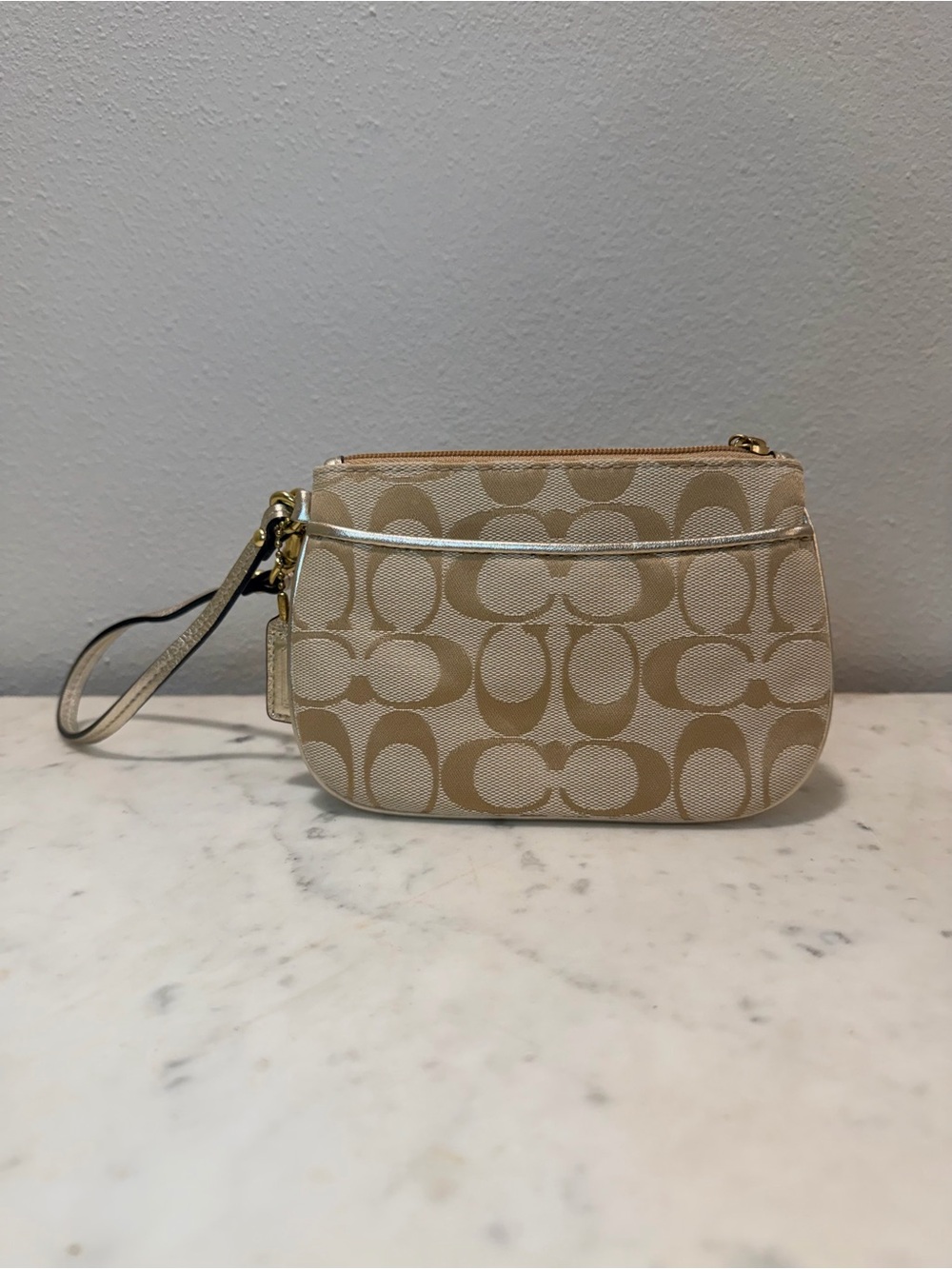 COACH Gold & Beige Signature Monogram Wristlet with Purple Lining & Gold Strap